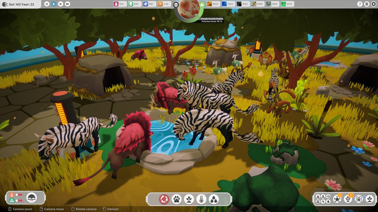 BioEden prairie biome with striped grazers and red-maned animals drinking at a stone watering hole
